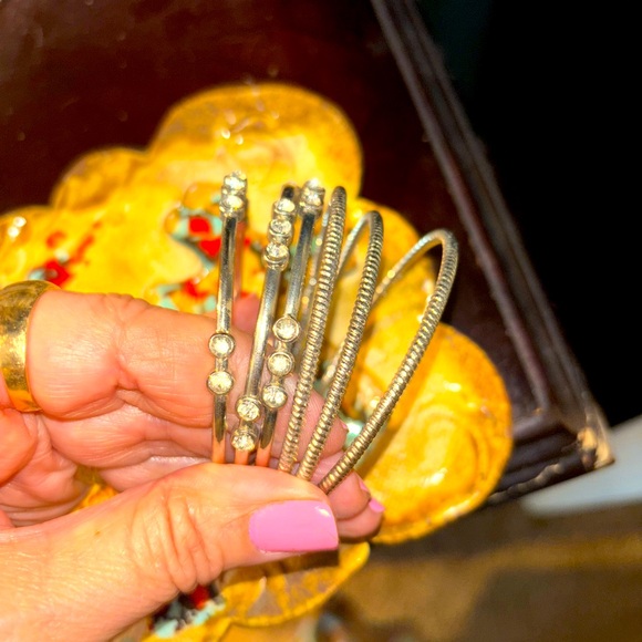 Jessica Simpson bangle bracelets, set of six silver and crystal/rhinestones - Picture 2 of 2